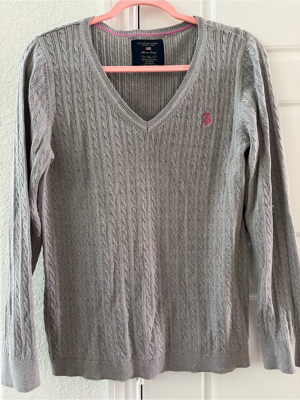 U.S. Polo Assn. Light Gray Cable Knit V-Neck Sweater with Pink Pony